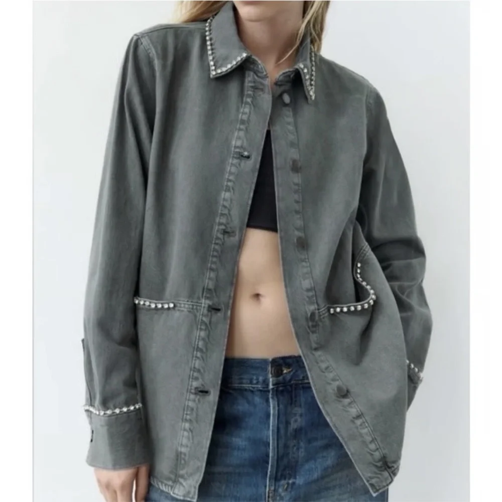 Zara Gray Denim Utility Jacket Studded Embellished Chore Jacket Crystal Detail - Picture 1 of 6